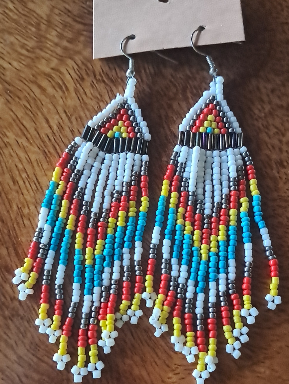 White Multicolor Beaded Fringe Earrings - Boho Statement